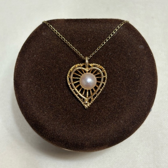 Vintage 14k Gold Heart Basket Pearl Necklace - Picture 3 of 6